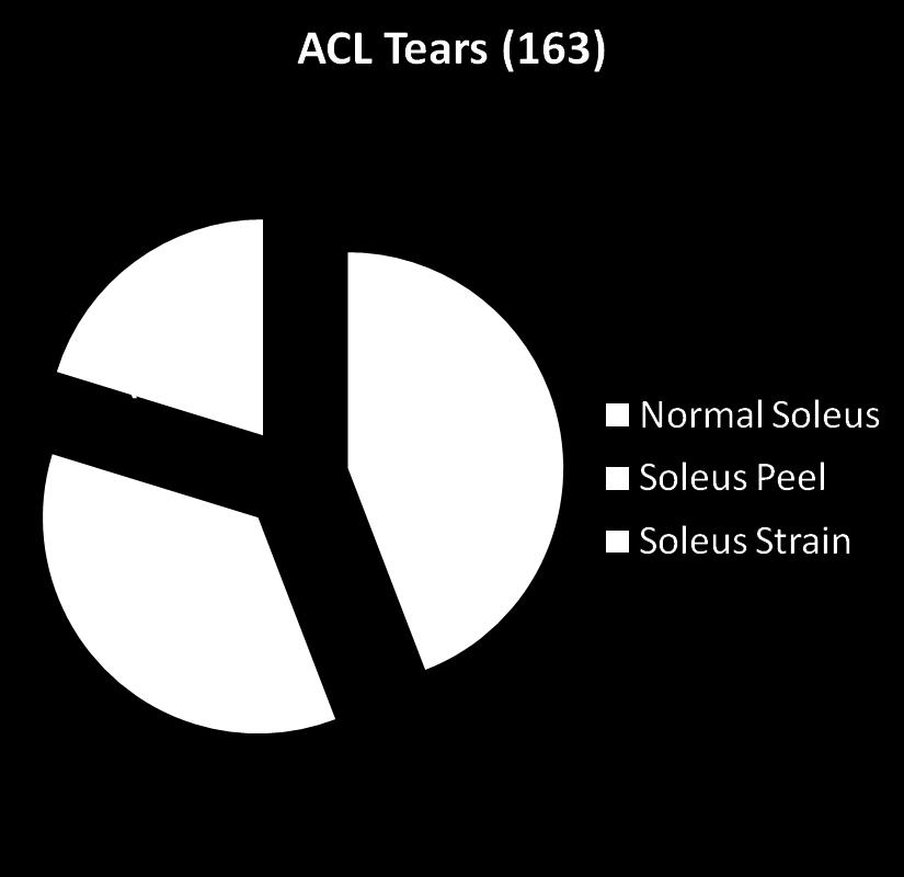 Soleus Injury Peel or Strain 91/163 (56%) of subjects had soleus abnormality 33 soleus strain (20%) 58 soleus peels (36%)