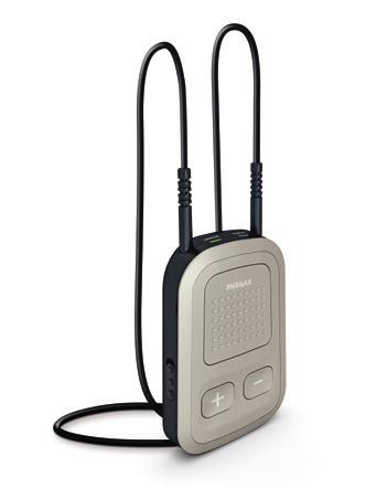 Built-in demonstration capability No neckloop Clip for easy wearing Binaural streaming of audio signals in stereo Built-in remote control for hearing aids Spoken messages and callers name for easy