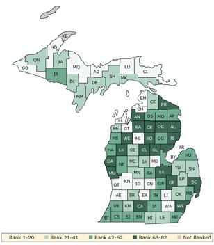 HOW DO COUNTIES RANK FOR HEALTH OUTCOMES? The green map below shows the distribution of Michigan s health outcomes, based on an equal weighting of length and quality of life.