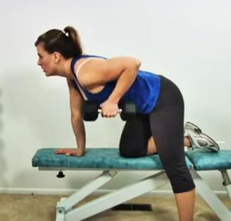 DUMBBELL ROW 1. Get into position with one knee on top of a bench and other foot down on the floor alongside the bench. 2.