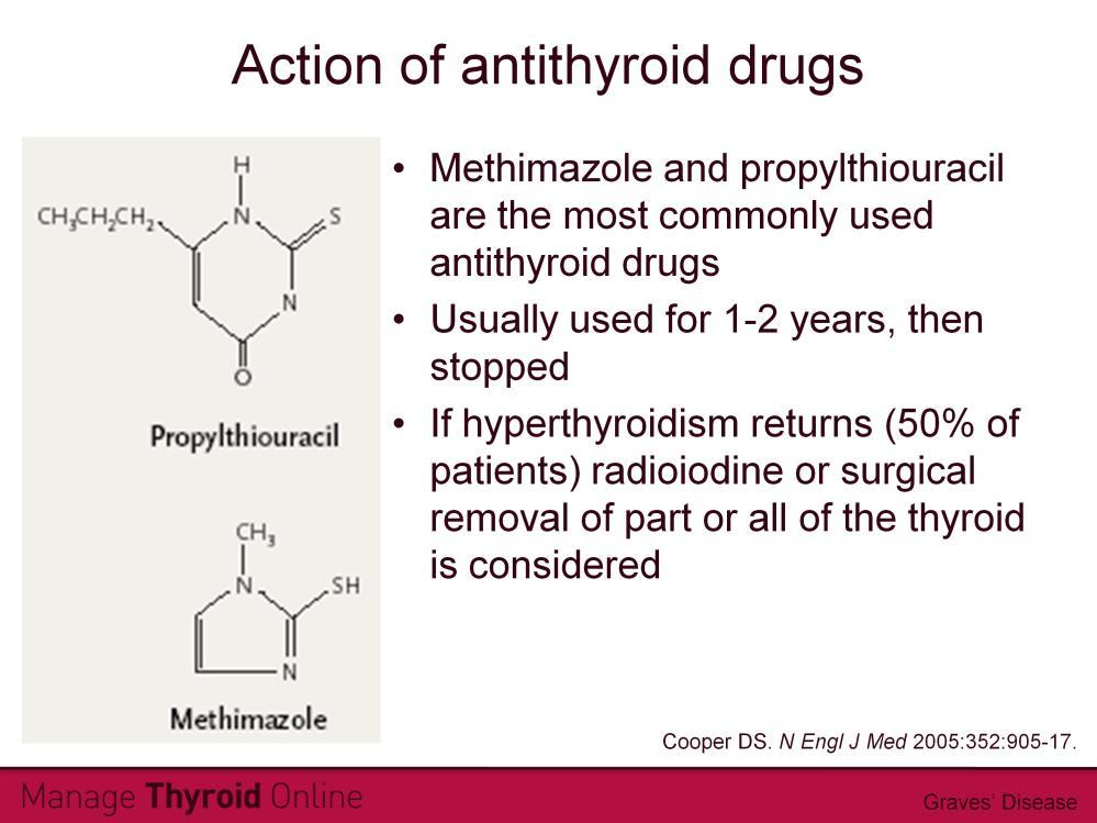 Antithyroid drugs are used to block excess thyroid hormone production. Typically, a patient will take one of these two drugs for between 1 and 2 years. After this, the medication is stopped.