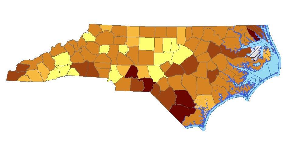 Heart Disease Death Rates by County of Residence, NC, 2012-2016 Death Rate Unreliable Rate (<50 Deaths) 100-143 144-161 162-192 193-227 228-293 NC Average: 161.