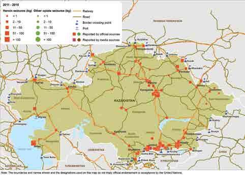 Map 29: Location of opiate seizures in Kazakhstan, 2011-2015 Sources: UNODC, significant individual drug seizures; UNODC, Drugs Monitoring Platform (based on official and media reports.