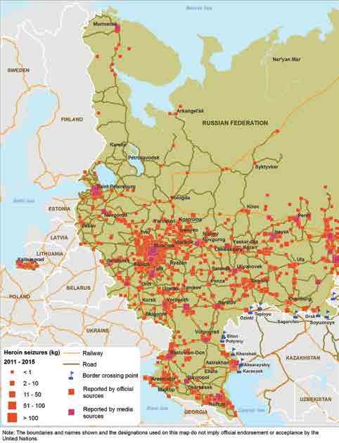 Map 33: Location of heroin seizures in the European part of the Russian Federation, 2011-2015 Sources: UNODC,