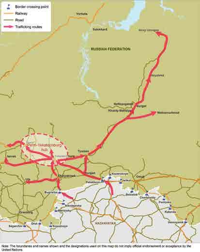 Map 34: Main heroin trafficking routes through the Perm-Yekaterinburg hub Sources: UNODC, significant individual drug seizures (heroin; UNODC, Drugs Monitoring Platform (based on official and media