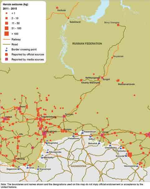 Map 35: Location of heroin seizures around the Perm-Yekaterinburg hub, 2011-2015 Sources: UNODC,