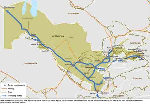 Map 24: Main opiate trafficking routes in Uzbekistan Sources: UNODC, significant individual drug Seizures; UNODC, Drugs Monitoring Platform; and interviews Opiate trafficking also occurs from