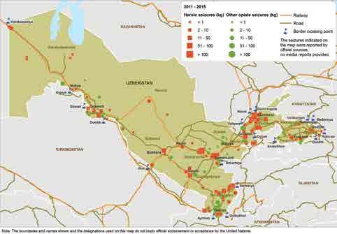 Map 25: Location of opiate seizures in Uzbekistan, 2011-2015 Sources: Source: UNODC, significant individual drug seizures; UNODC, Drugs Monitoring Platform (based on official and media reports.