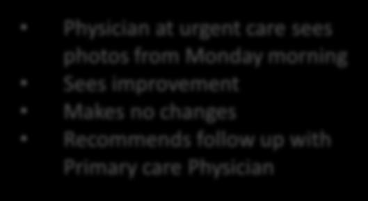 improvement Sent to urgent care Physician given brief summary from prior visits Physician looks at unremarkable