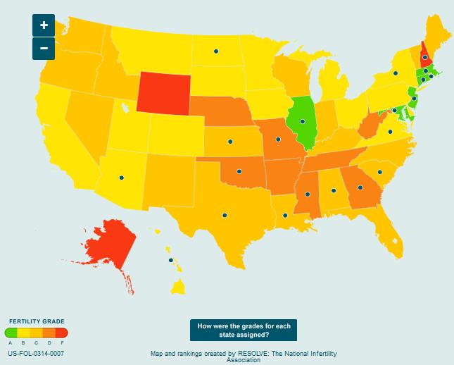 Access to Care States with Infertility Insurance Laws (IVF coverage in orange): Arkansas, California, Connecticut, Delaware (law to be signed by Governor any day now), Hawaii,