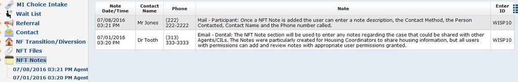 Once a NFT Note is added the user can enter a note description, the Contact Method, the Person Contacted, Contact Name and the Phone