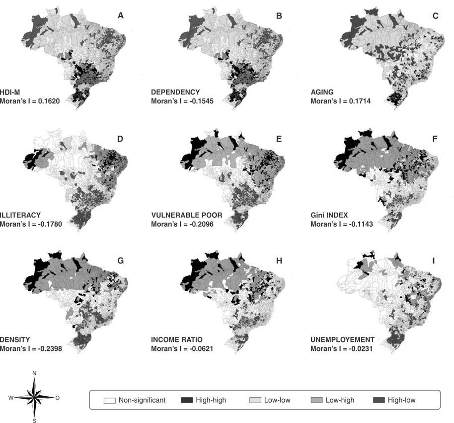16 AP Dantas et al. Figure 2 Bivariate local indicators of spatial association (LISA)/Moran s I between suicide SMR and socioeconomic variables in Brazilian municipalities, 2010-2014.