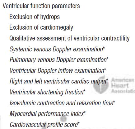 Assessment of fetal cardiac function AHA Guidelines Routine Heart size and thickness CTR and qualitative Systolic Diastolic