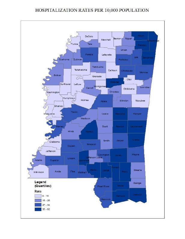 Residence Patterns We identified a cluster of high hospitalization rates in the Southeast region of the state where four counties, Forrest,
