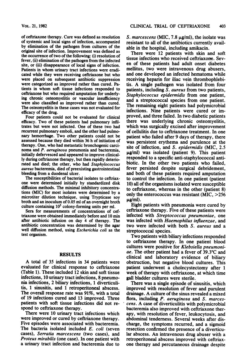 VOL 21, 1982 of ceftriaxone therapy ure was defined as resolution of systemic and local signs of infection, accompanied by elimination of the pathogen from cultures of the original site of infection