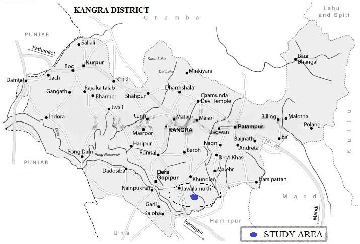 Methodology The study area, Jawalamukhi is located in the Kangra district, Himachal Pradesh (Figure 1). It lies between 76 32 East longitudes and 31 88 North latitudes.