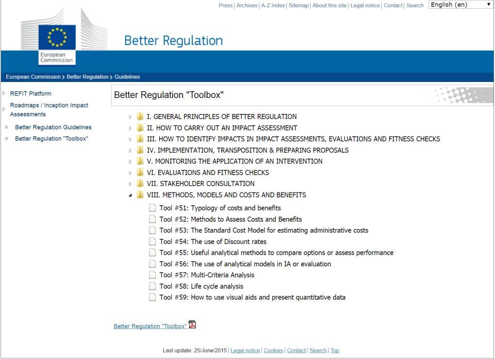 Better regulation toolbox -> complements the main guidelines on Better Regulation -> provides more specific and operational guidance Chapter VIII: -> summarises methods to identify,