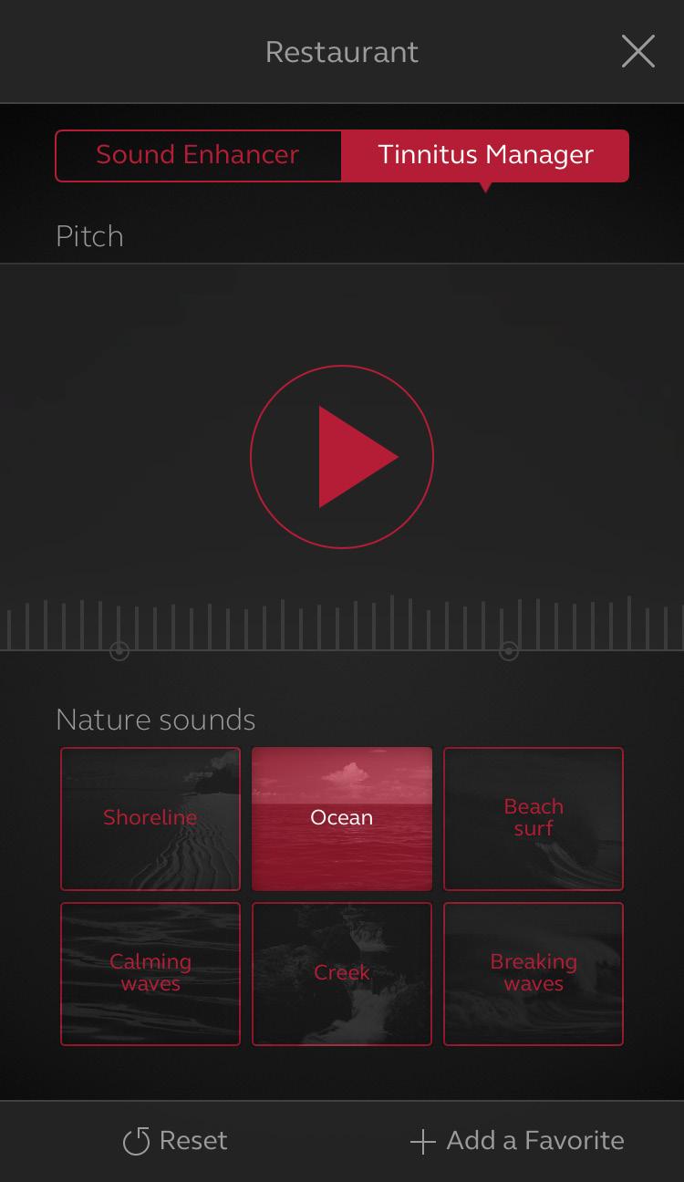 When fit with a Nature Sound Choose between one of the six new Nature Sounds in the hearing instrument(s): Shoreline Beach Surf Breaking Waves Calming Waves Ocean Water Creek