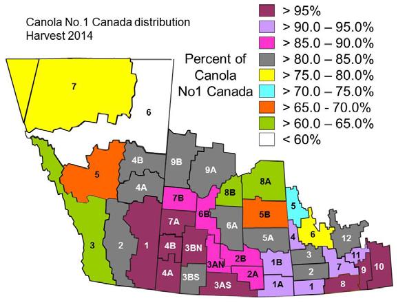 Figure 5 Distribution of by crop district in western Canada samples received in 2014 Quality of western Canadian canola 2014 Tables 3 to 5 show detailed information on the quality of western Canadian