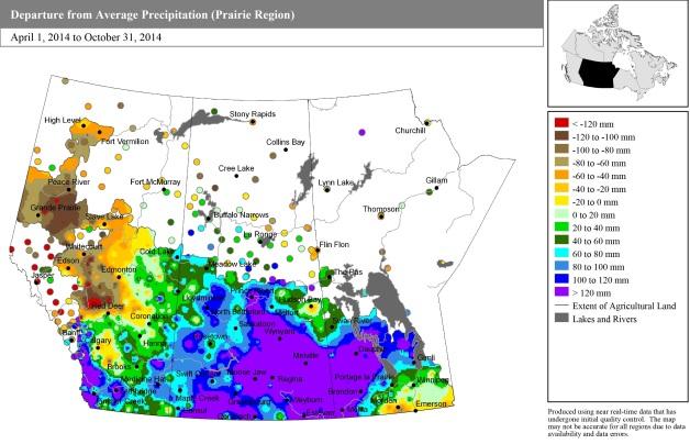 Figure 2b Map - Accumulated precipitation and departure from normal in Canada (Prairies) during the 2014 growing season (April 1 to October 31, 2014). Source: http://www4.agr.gc.