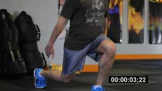 Alternating Prisoner Lunge Stand with your feet shoulder-width apart and hands clasped behind your head. Step forward with one leg, taking a slightly larger than normal step.
