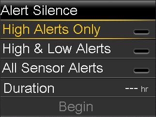 This Alert Silence setting All Sensor Alerts Silences these alerts All of the alerts listed previously for High & Low Alerts, plus the following: All calibration alerts, reminders, or error messages
