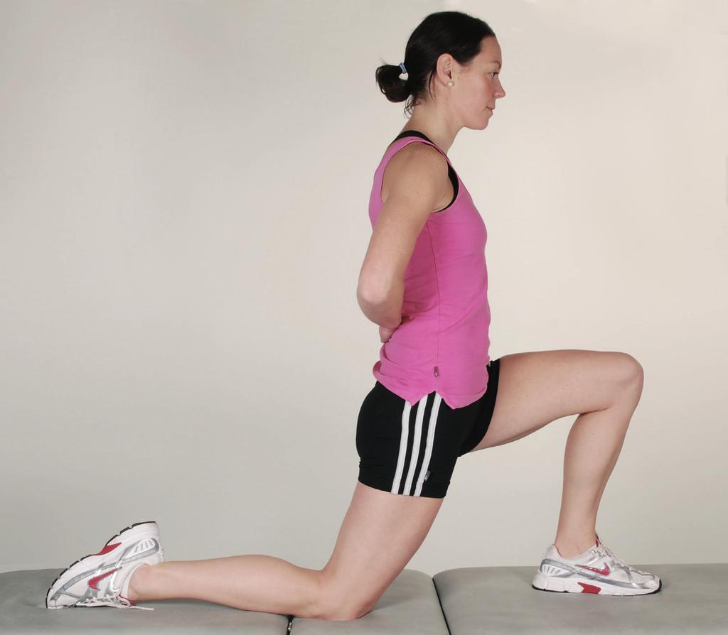 Hip stretch (front of hip) 1. Kneel onto one knee. 2. Gently tighten your stomach muscles and keep your back straight. 3. Push your hips forward and feel a stretch on the front of your kneeling leg.