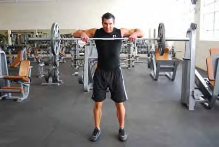 High Pull Standing with feet shoulder width apart in an upright posture Holding a bar with your palms facing your body Slight bend at the hips and knees into a quarter