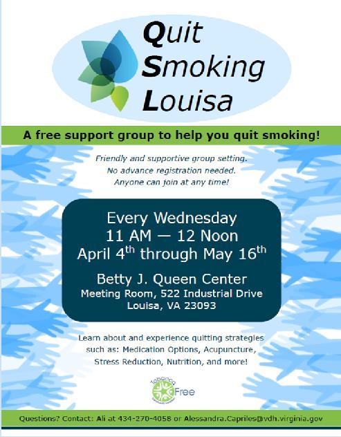 Tobacco Cessation Support Charlottesville has a long standing community tobacco cessation program: Provides free 8 week support group set up Limited to mostly city residents due to location Smoking