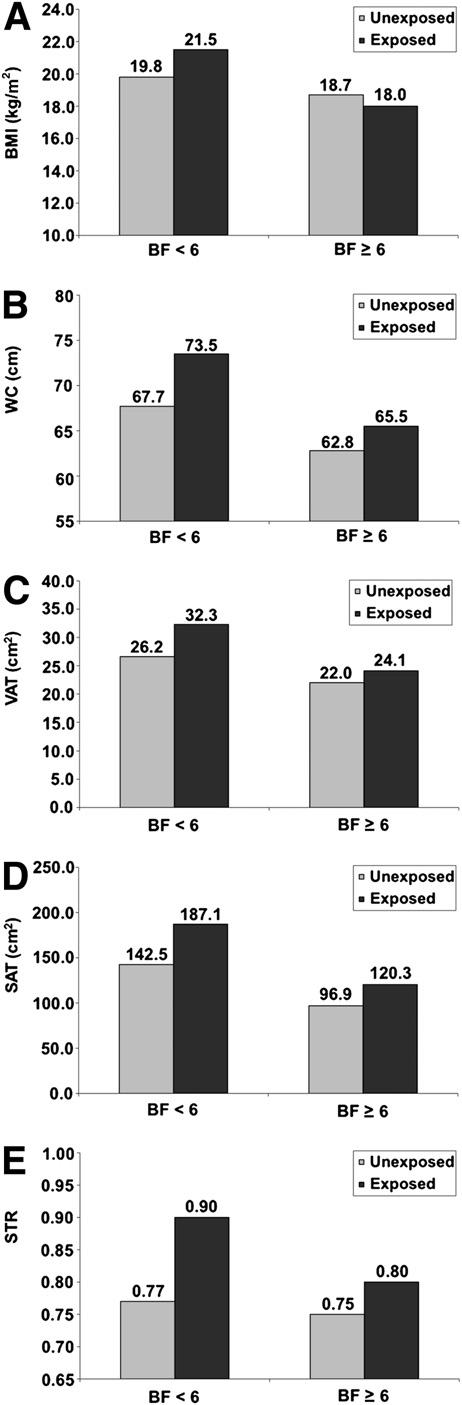 Breastfeeding and childhood adiposity Table 2 Association between breast milk months (<6 and 6 breast milk months) and adiposity parameters at age 6 13 years for youth exposed and not exposed to