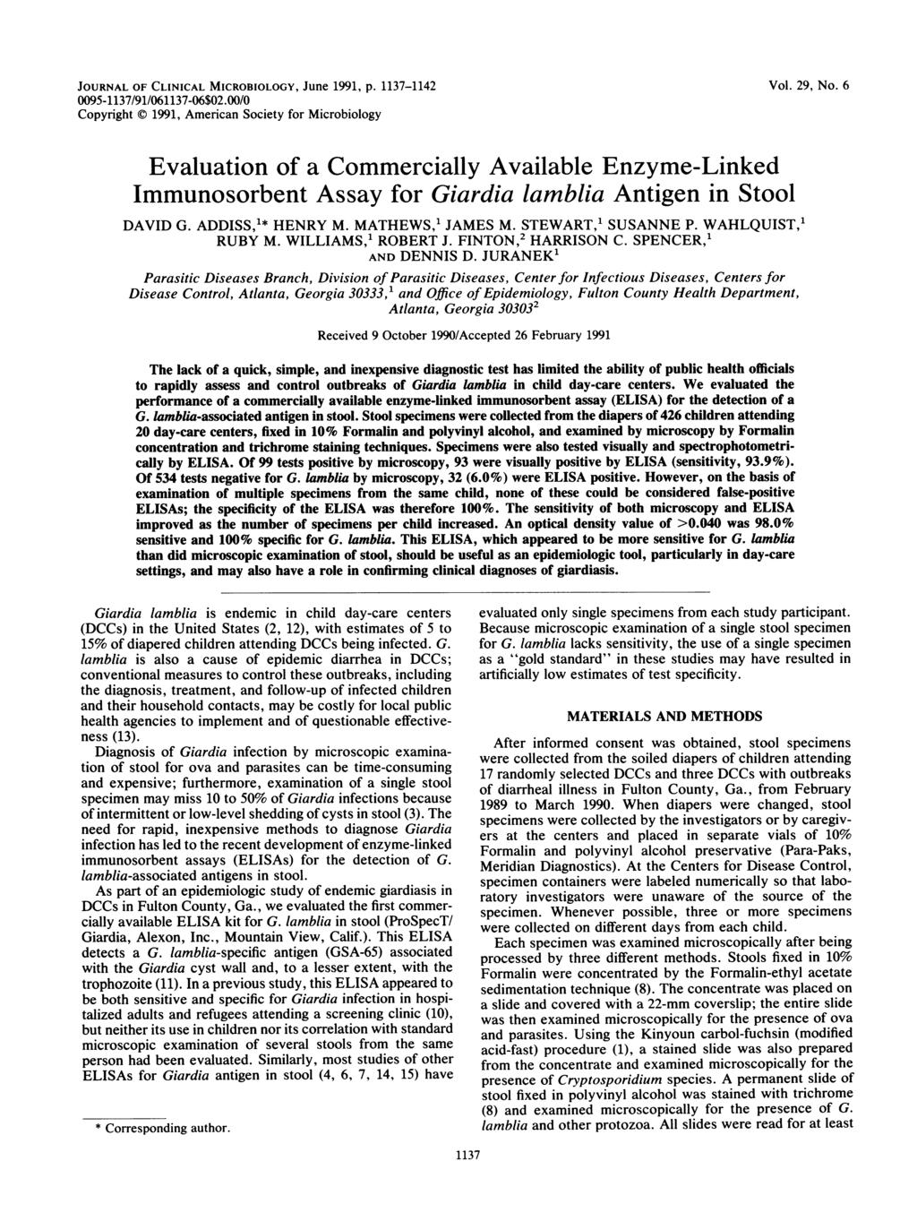 JOURNAL OF CLINICAL MICROBIOLOGY, June 1991, p. 1137-1142 0095-1137/91/061137-06$02.00/0 Copyright C 1991, American Society for Microbiology Vol. 29, No.