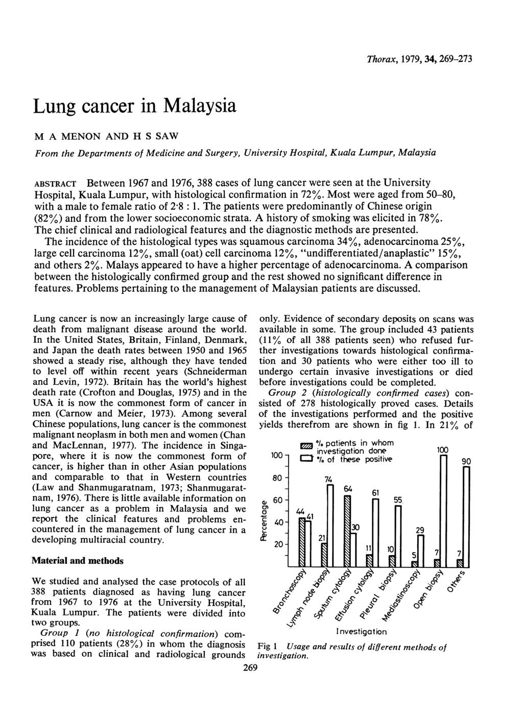 Lung cancer in Malaysia M A MENON AND H S SAW Thorax, 1979, 34, 269-273 From the Departments of Medicine and Surgery, University Hospital, Kuala Lumpur, Malaysia ABSTRACT Between 1967 and 1976, 388