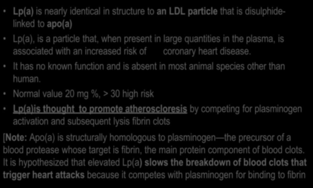 Lipoprotein (a) Lp(a) or Little a Lp(a) is nearly identical in structure to an LDL particle that is disulphidelinked to apo(a) Lp(a), is a particle that, when present in large quantities in the