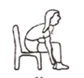 Hook your hands under each side of the chair. Stretch upwards, with your chin up. Breathe out as you bend forward towards the floor, stretching your hands to the sides of the feet.