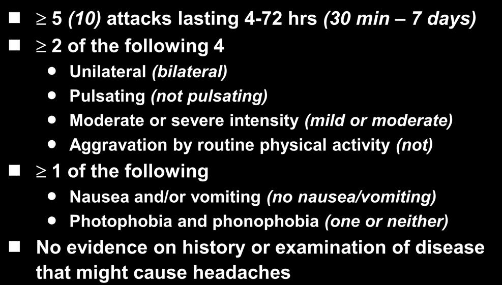 IHS MIGRAINE AND TENSION TYPE HEADACHE 5 (10) attacks lasting 4-72 hrs (30 min 7 days) 2 of the following 4 Unilateral (bilateral) Pulsating (not pulsating) Moderate or severe intensity (mild or