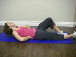 1. Abdominal Crunch - Beginner: Begin with hands under lower back, one leg bent, and elbows lying comfortably on the floor.