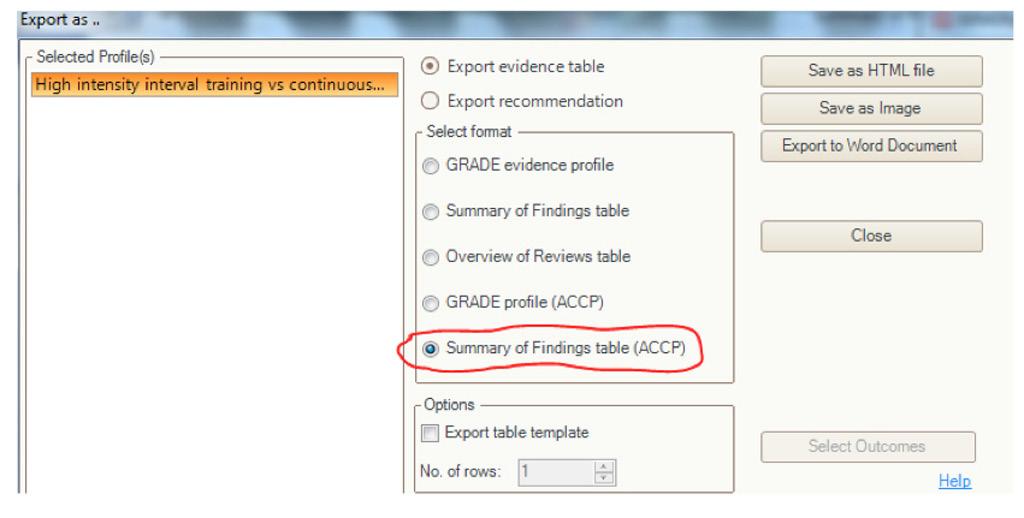 Figure 1: Export options within GRADEPro with the recommended format for JBI reviews highlighted.