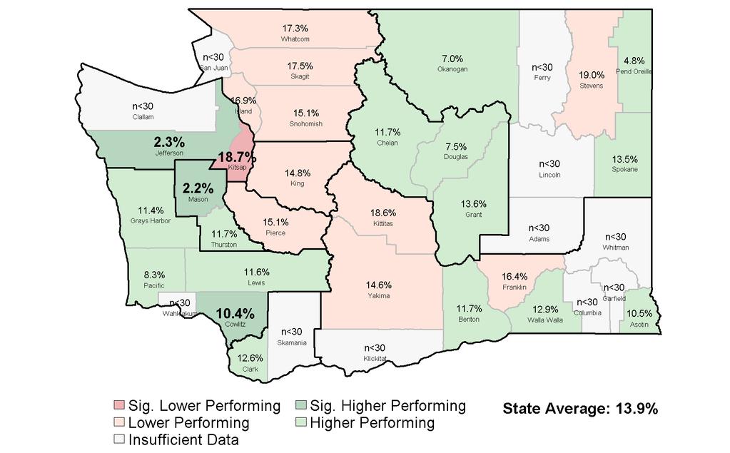 Spotlight: Geographic Variation in Rehospitalization Rates There is significant county-level variation in rehospitalization rates, which may be influenced by population trends, provider quality and