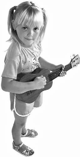 A girl makes sound with an ukulele. Rain makes sound when it hits the ground.