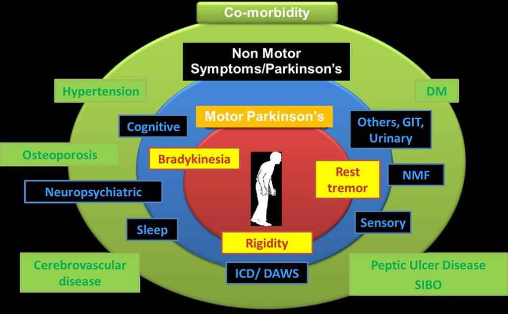 Rx Motor: Tremor Rigidity bradykinesia Dyskinesias Non Motor Mood disorders, cognitive dysfunction, Sleep
