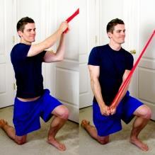 Elastic Band - Chop Begin in the half kneeling position holding the elastic band above the stance leg as shown with a free end fixated in a doorway.