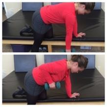 Unilateral Bent Over Row Kneel with one knee on a bench or mat with your hand supported on the surface as shown. Hold a dumbbell in one hand with your elbow straight.