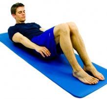 Straight Curl Up Lie on your back on a comfortable surface with your knees bent and feet flat.