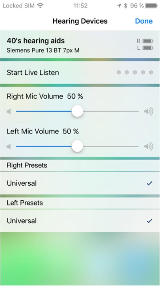 Triple-click the home button to access the ios Accessibility Shortcut which allows wearers to control the paired hearing aids.