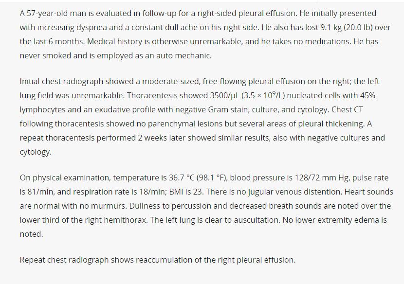 What is the differential diagnosis for an exudative effusion with diagnostic uncertainty? Is there a pleural disease associated with being an auto mechanic?