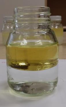 together, e.g. oil floats on the surface of water when mixed An