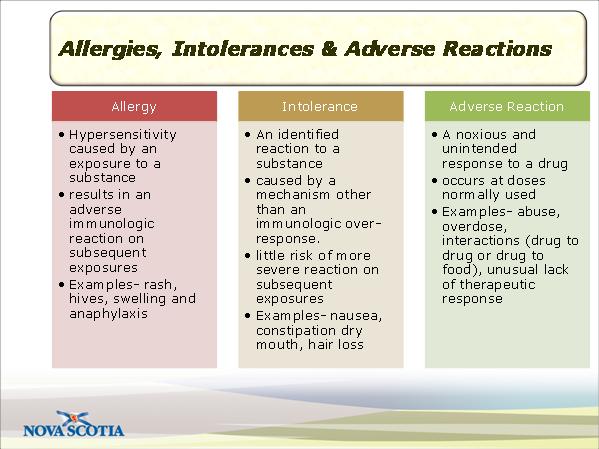 Slide 9 Allergies, Intolerances & Adverse Reactions Duration: 00:01:42 Nova Scotia's Drug Information System will be used by a variety of health care professionals.
