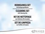 Cleaning Set with cleaning tabs 7 Cleaning and disinfecting tablets 1 Cleaning container 1 Airball Starter-Set II 5 Single-packed cleaning tissues 2 Drying capsules 1 Drying container 1 Airball HADEO