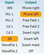 The Output list for channel 1 provides the option to test through head phones, bone conductor, free field speakers or insert phones. Note that the system only shows the calibrated transducers.