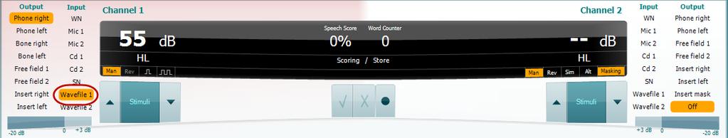 2) The speech material can be selected from the four dropdown lists. 3) Play, Stop, or Pause the speech test on the three buttons on the right side.